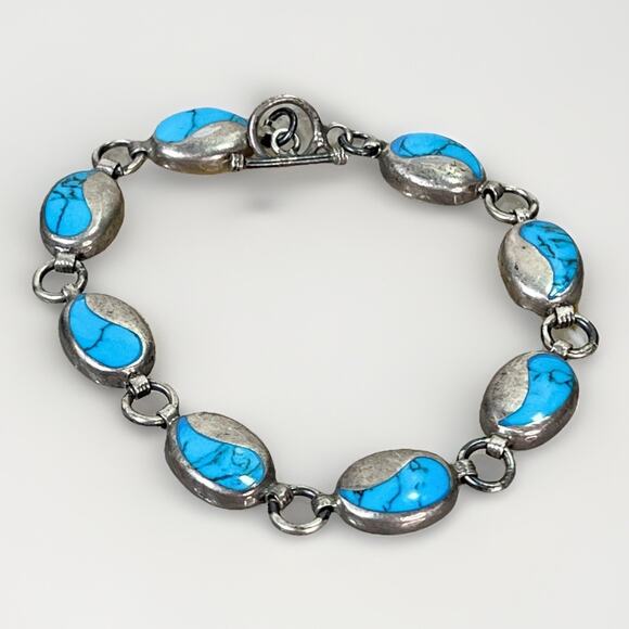 VTG Taxco Sterling Silver Turquoise Inlay Linked Oval Bracelet 7.75” Toggle - Picture 1 of 15